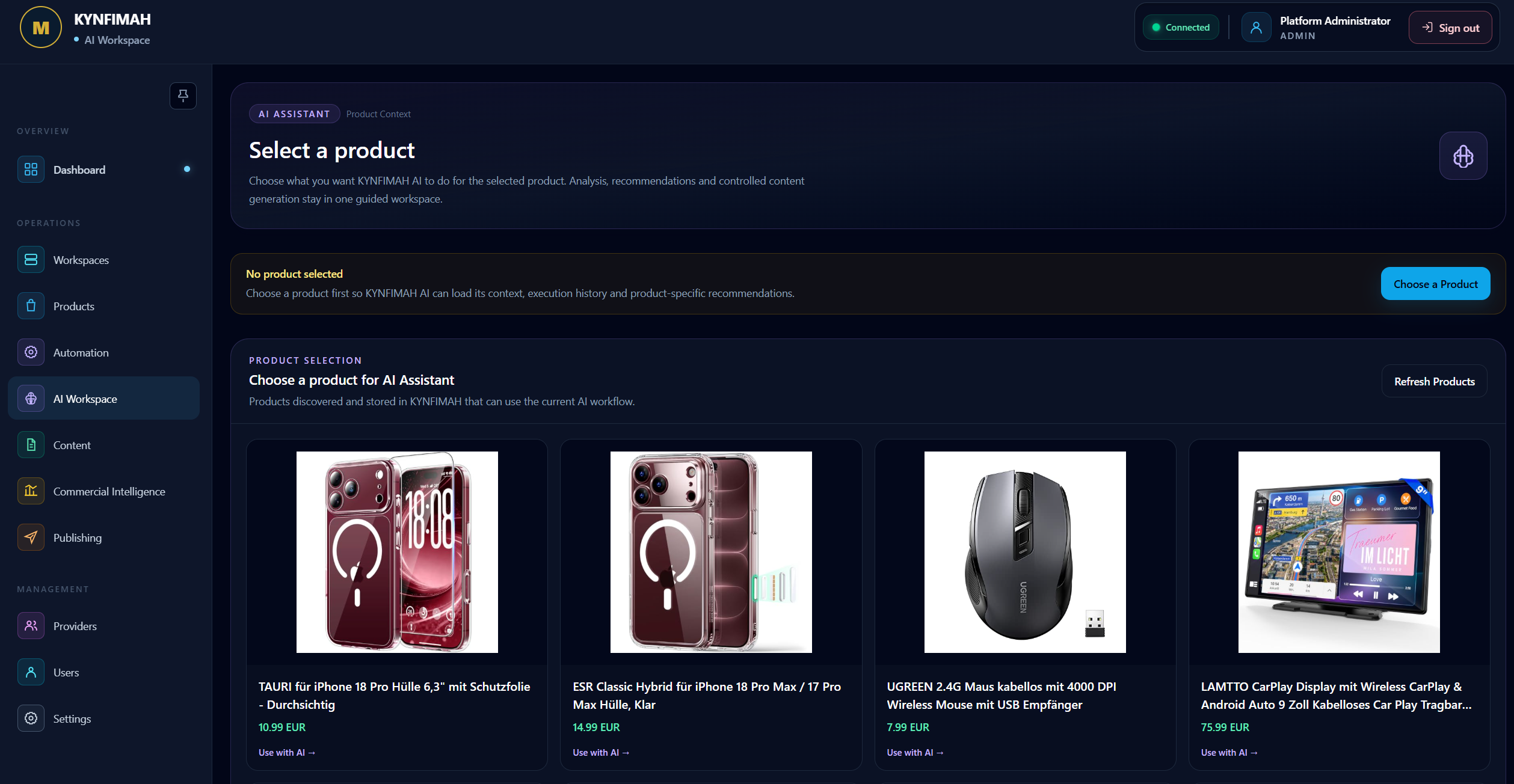 KYNFIMAH AI Product Selection interface