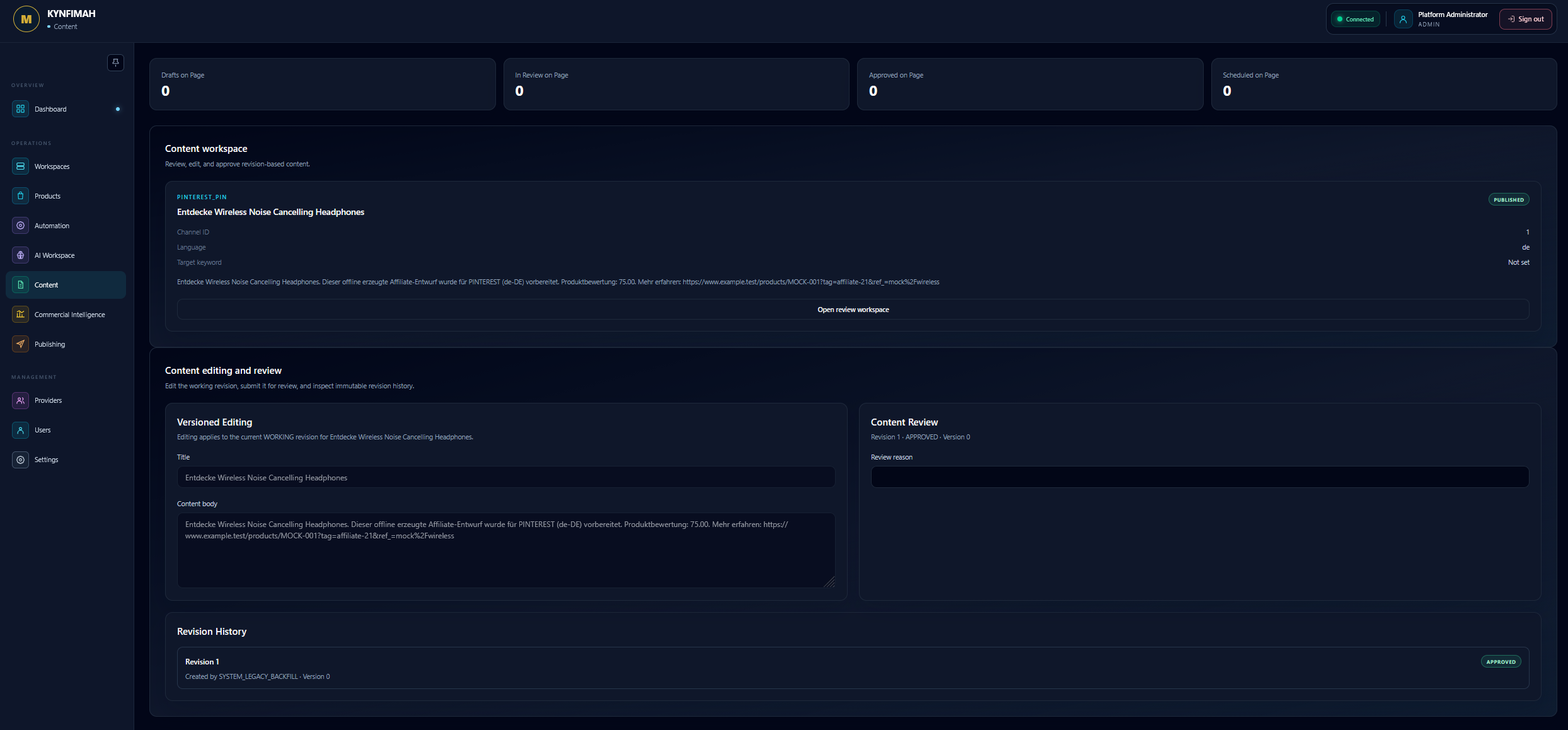 KYNFIMAH Content Operations interface