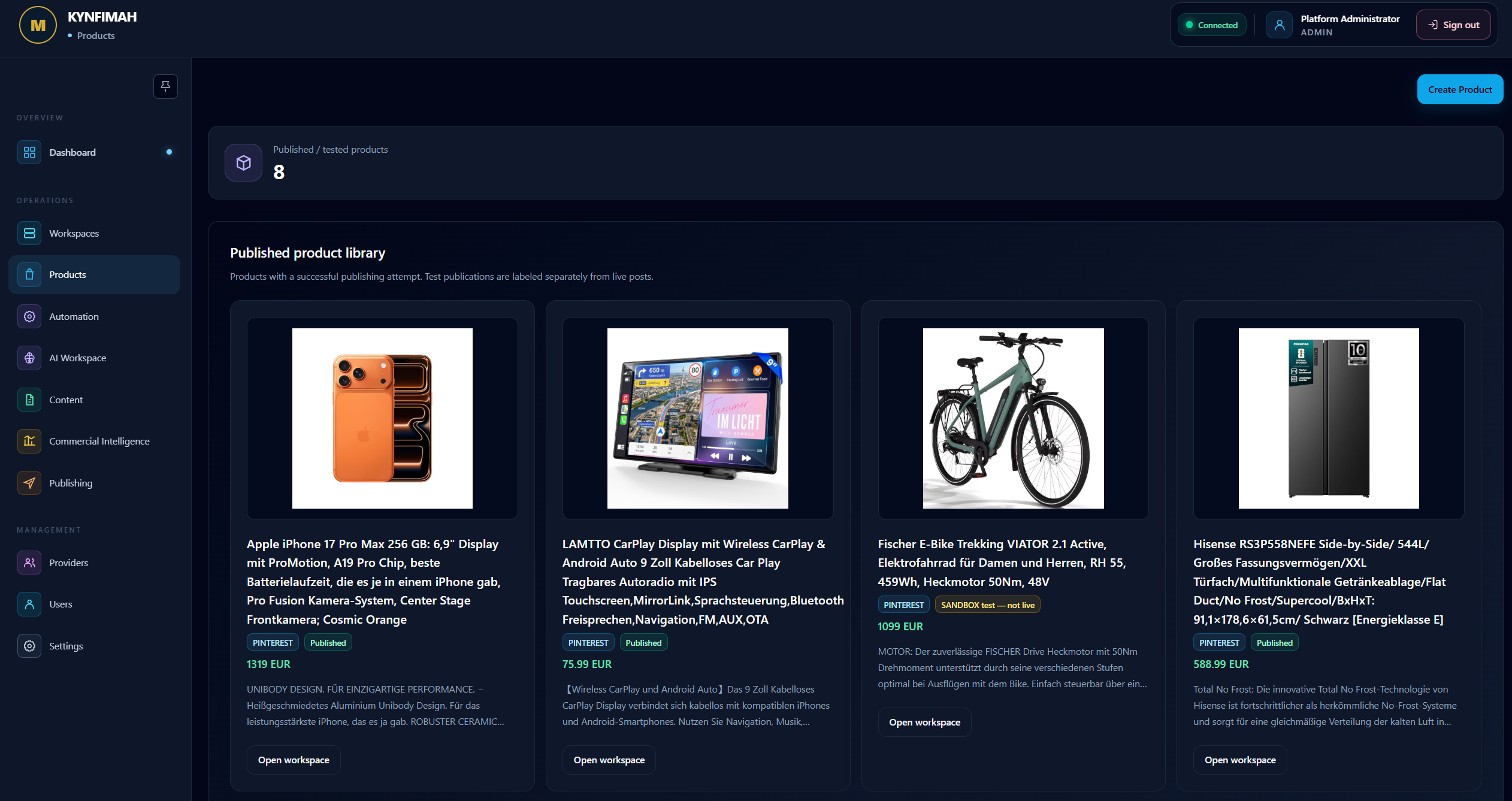 KYNFIMAH Product Library interface