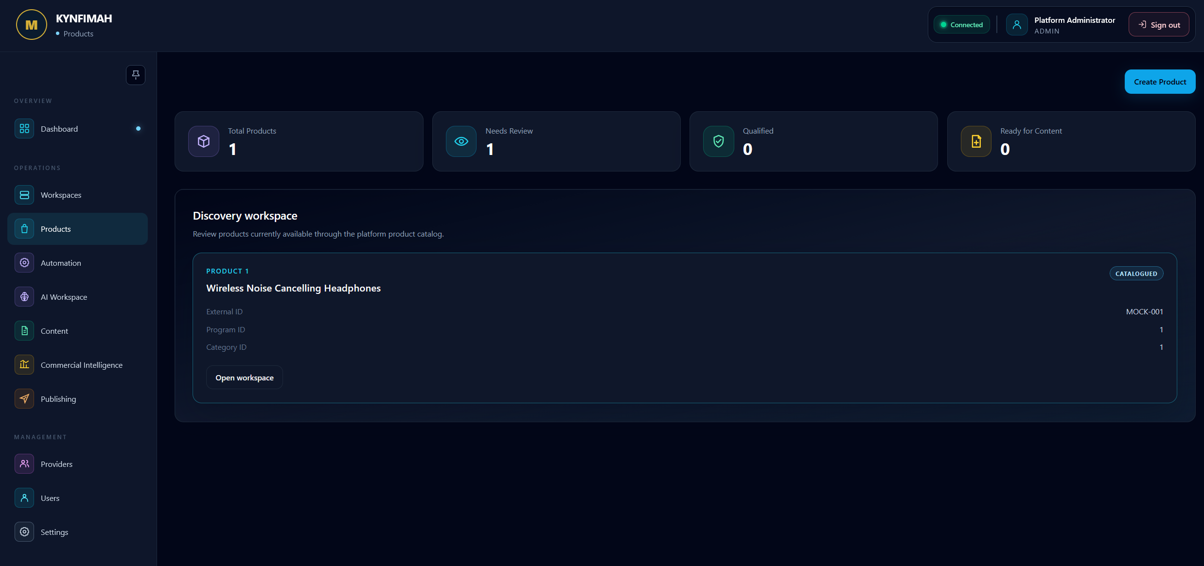 KYNFIMAH Product Workspace interface