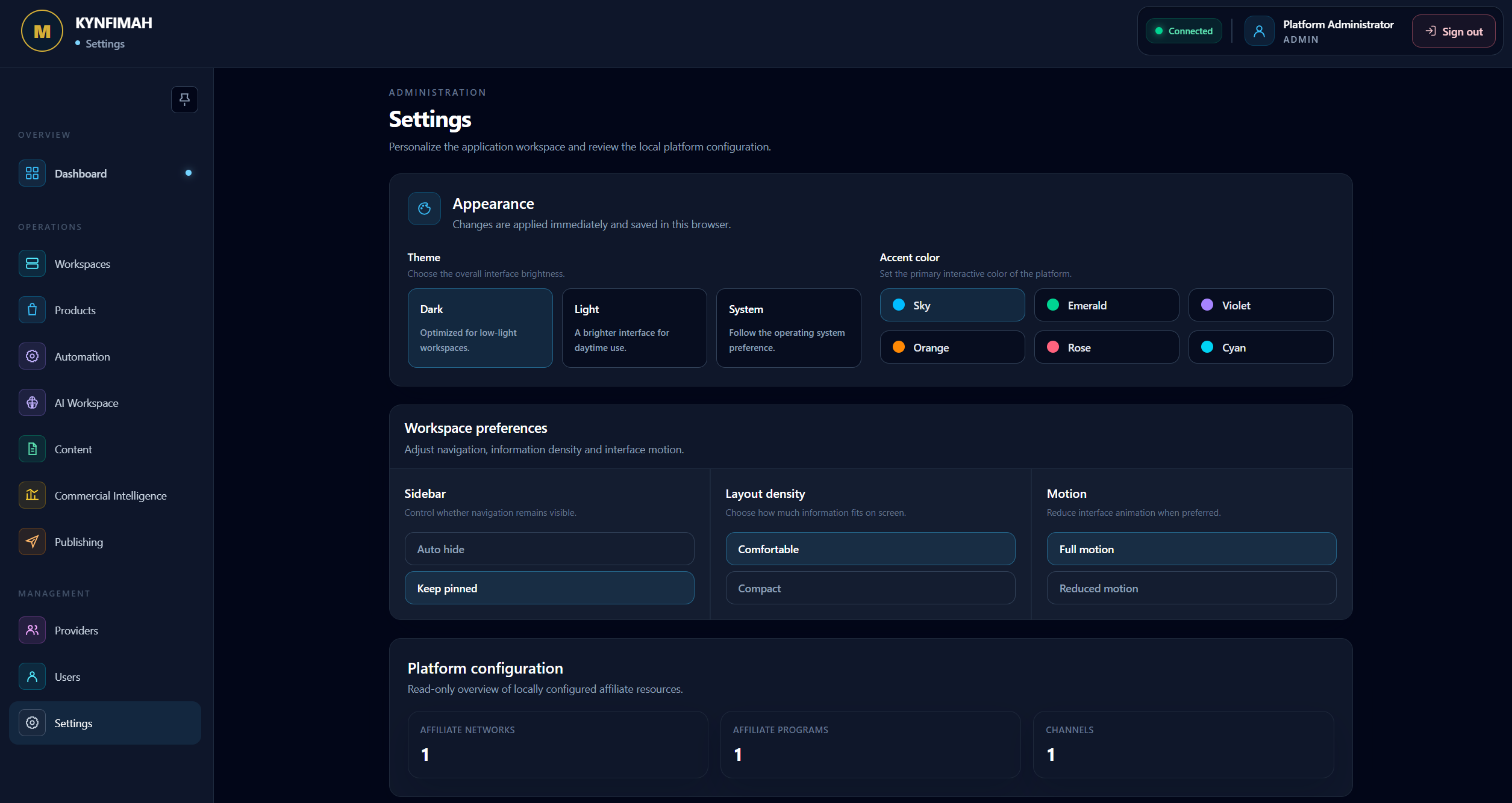 KYNFIMAH Settings interface